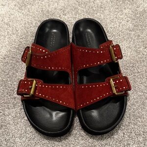 Isabel Marant Red Suede Sandals with Gold Buckles